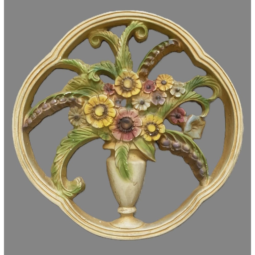 Vtg 1940s Victoriana Chalkware Antique Vase of Flowers Wall Art Plaque Charming!
